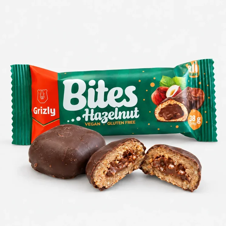 BITES Mini batoane umplute cu alune de pădure în ciocolată amăruie BIO (2x19 g)